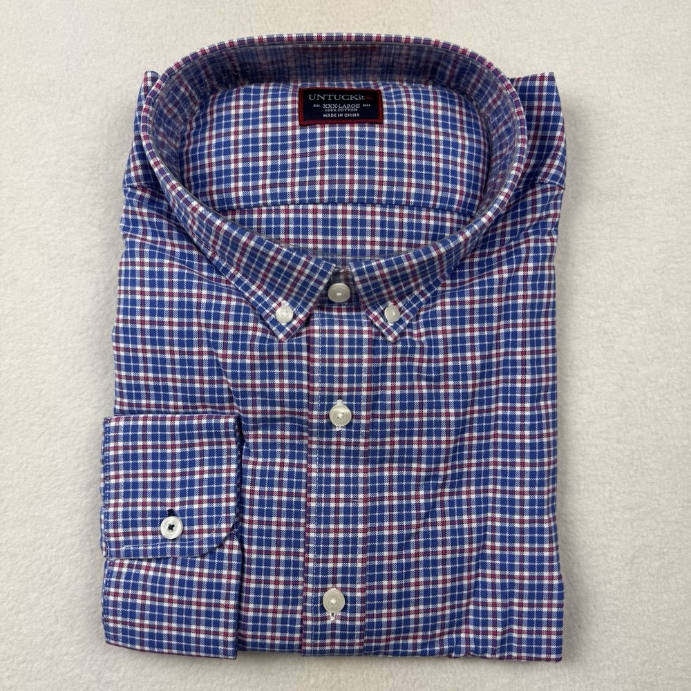UNTUCKit St. Macaire Shirt Men's 3XL Regular Red Blue Plaid LS Button Down NWT‎